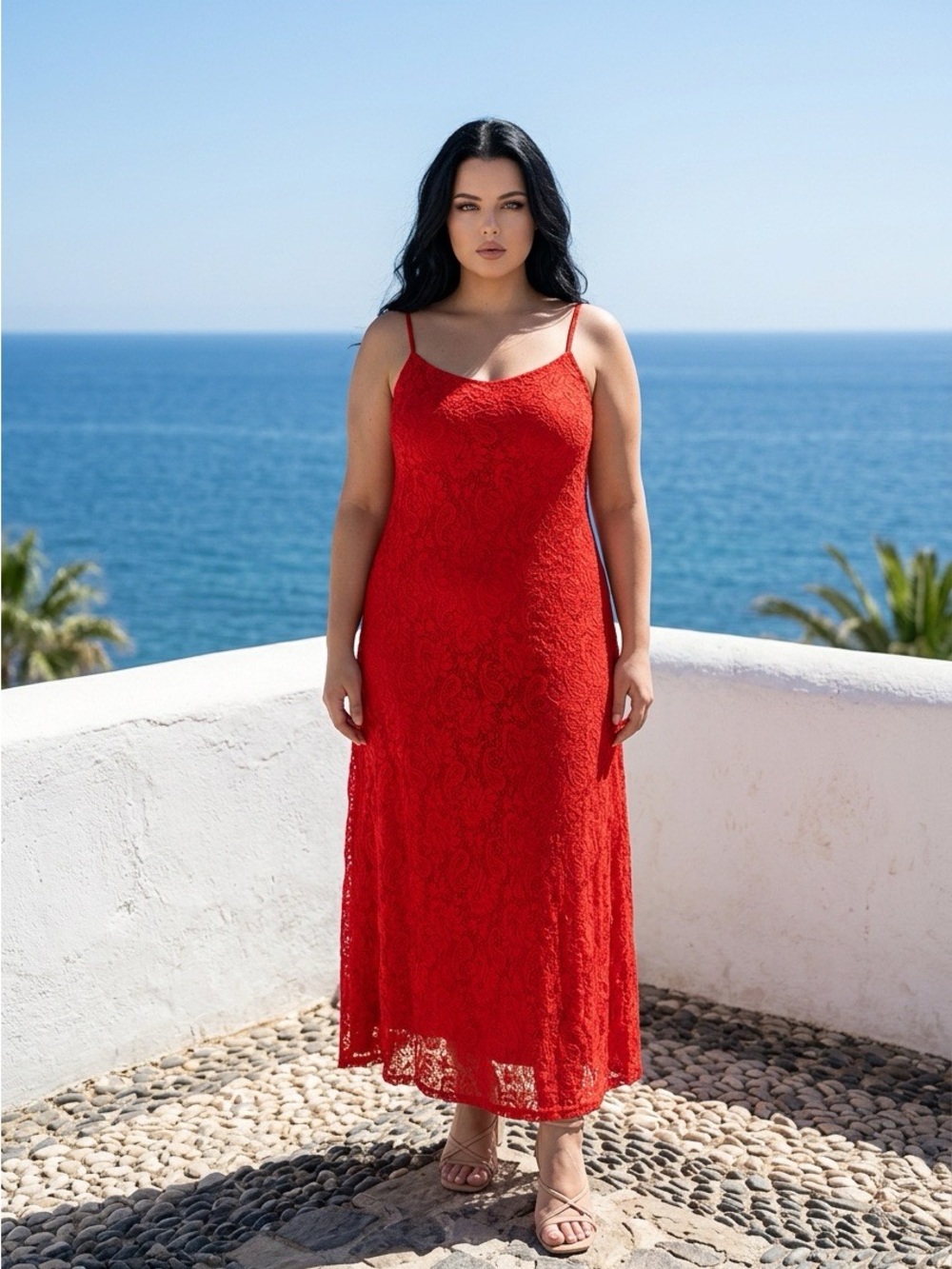 Red Lace Maxi Slip Dress with Spaghetti Straps